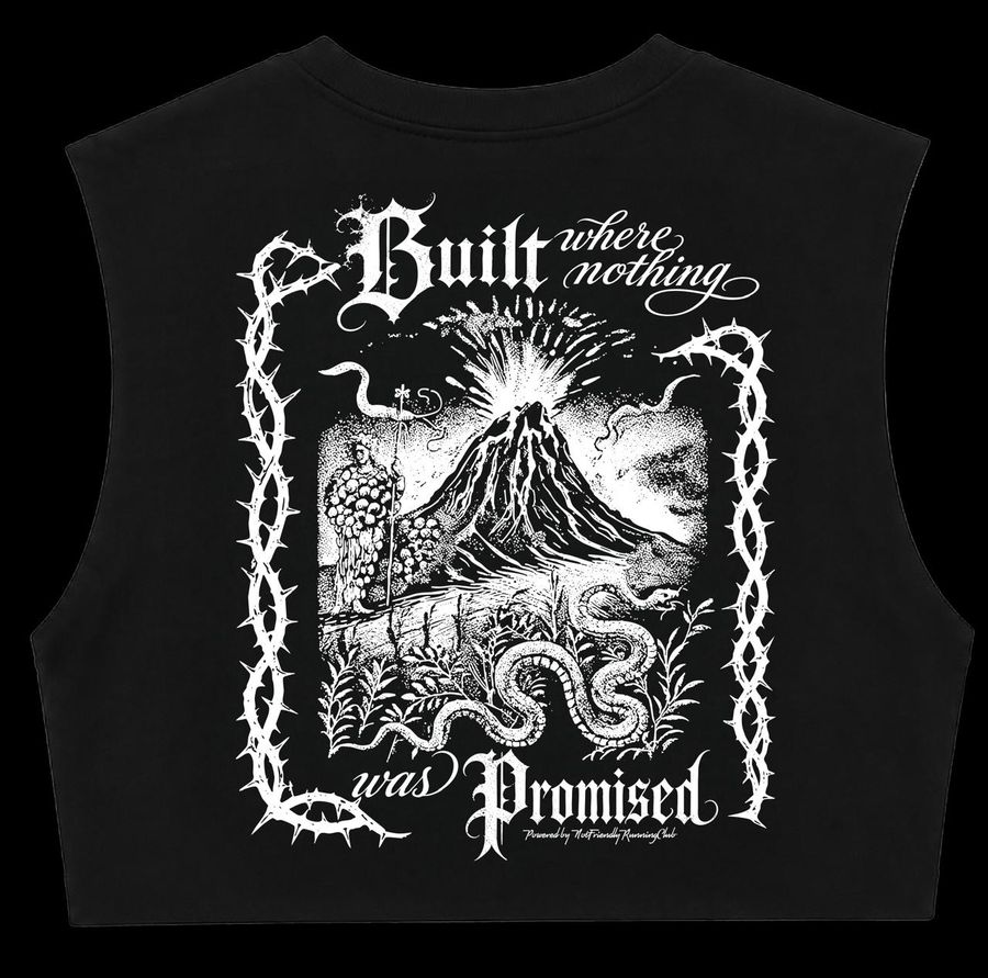 Back print: Built where nothing was promised, Vesuvius and serpent